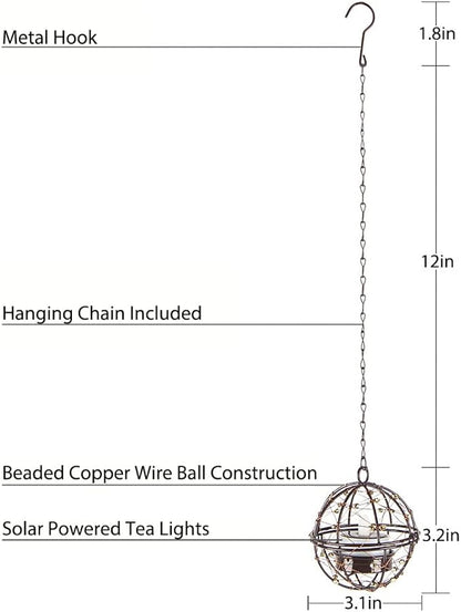 Solar Lights Outdoor Hanging Lanterns, ZHONGXIN Beaded Copper Wire Ball Candle Holder with Solar Tea Lights, Perfect for Home, Garden, Backyard, Pergola, Patio Umbrella, Tree, Window Decor-Set of 4