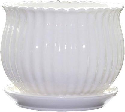 Yesland Ceramic Flower Plant Pots with Saucer, Set of 3 in Different Sizes, Modern Round Ceramic Succulent Planter Pots with White Stripe Texture for Garden