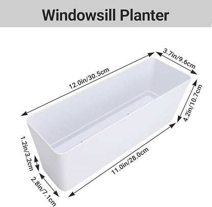 GREANER Flower Boxes, 3 Pack 12x3.8 Inch Rectangle Window Boxes, Herb Planters with Tray, Indoor Succulent Cactus Flowers Plastic Drawable Pot for Windowsill, Garden, Balcony, Office Outdoor (White)