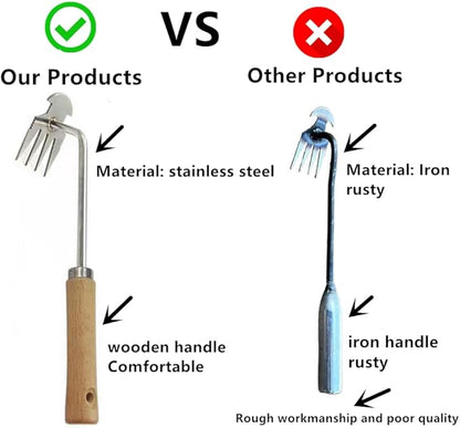 Weed Removal Tool, 2025 New Garden Weeding Tools Manganese Steel Hand Weeder Tool with Handle, 4 Teethes Dual Purpose Manual Weeders Tool Weed Pulling Tool for Garden (Wooden Handle)