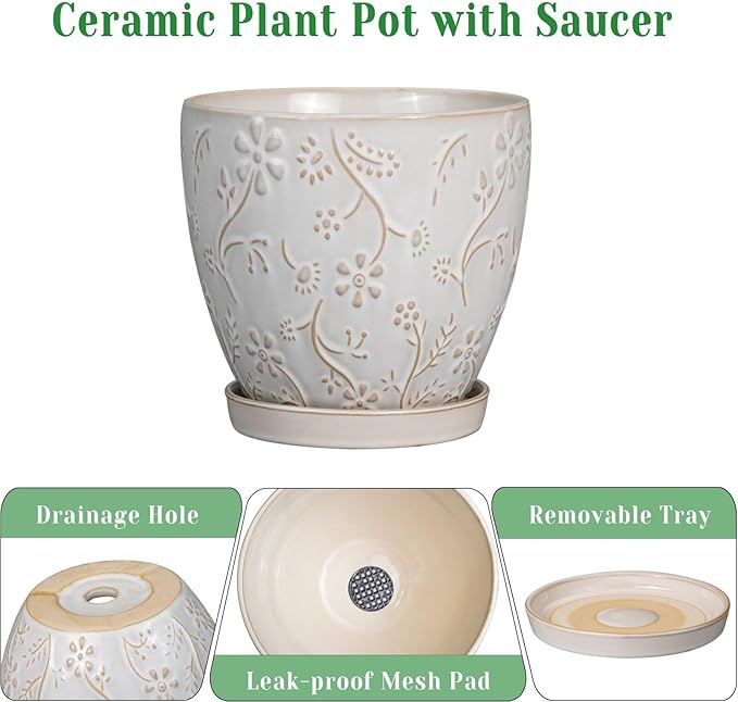 10 Inch Plant Pot Ceramic Planter Pot with Drainage Hole and Saucer Round Planter Large Flower Pot for Indoor Outdoor Plants Home Garden Decor White