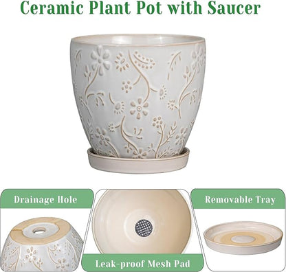 10 Inch Plant Pot Ceramic Planter Pot with Drainage Hole and Saucer Round Planter Large Flower Pot for Indoor Outdoor Plants Home Garden Decor White
