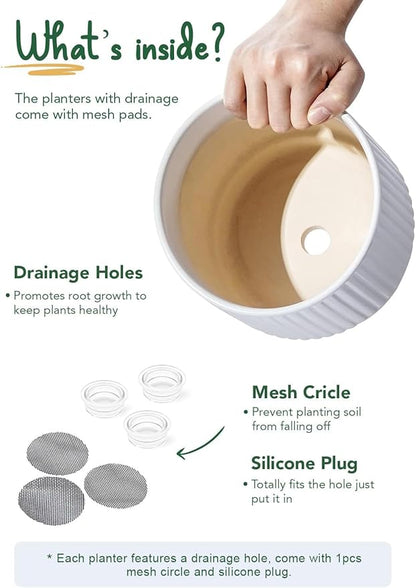 LE TAUCI Ceramic Plant Pots with Drainage Holes, Set of 3, 8+6.7+5.5 Inch Stripe Garden Planter Pots for Outdoor Indoor Plants Flower, Round Succulent Orchid Flower Pot, Small to Large Size, White
