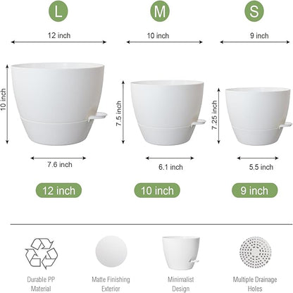 Large Self Watering Pots, 12/10/9 Plastic Planters with High Drainage Holes and Deep Reservoir for Indoor Outdoor Garden Plants and Flowers, White