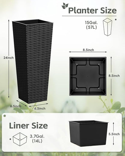 Greesum 24 Inch Tall Plastic Planters with Rattan Texture – Set of 2, Detachable Inner Pot & Drainage Holes, Indoor/Outdoor Decorative Flower Pots for Large Plants, Trees, Patio, and Garden, Black