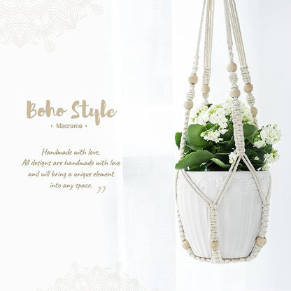Mkono Macrame Plant Hanger Indoor Hanging Planter Basket with Wood Beads Decorative Flower Pot Holder No Tassels for Indoor Outdoor Boho Home Decor 35 Inch, Ivory, Set of 3 (POTS NOT Included)