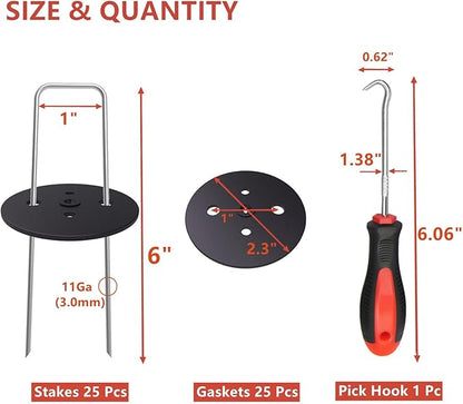 MySit 25 Pack Artificial Turf Stakes Staples with 25 Landscape Staples Gasket Caps, 6 Inch Weed Barrier Stakes for Moisture Barriers, Garden Stakes Pick Hook, Garden Ground Staples for Weed