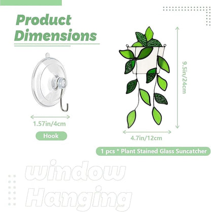 Stained Glass Window Hanging Green Plant Window Suncatcher Handcrafted Green Faux Plant Window Wall Glass Panel Decor for Plant Lovers,Unique Home Indoor&Outdoor Decor