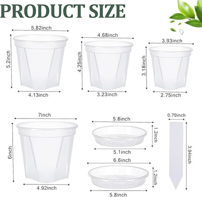 32 Pcs Plastic Pots for Plants with Trays 4/5/6/7 inch Clear Nursery Pots with Drainage Holes and Saucers, Planter Pots for Indoor Outdoor Seedlings Starter Plants,100 pcs Plant Labels,16-Set