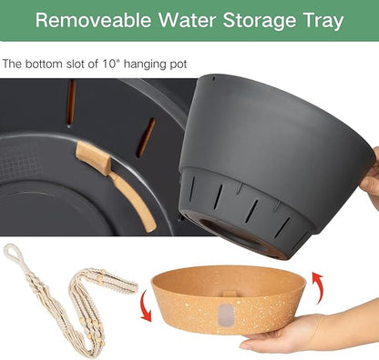 QCQHDU 2 Pack Hanging Planters for Indoor Plants, Outdoor Hanging Baskets, Self Watering Pots with Drainage Holes & Removable Tray (Dark Grey, 10 inch, Macrame Hanger)