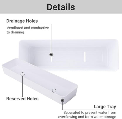 GREANER Flower Boxes, 3 Pack 12x3.8 Inch Rectangle Window Boxes, Herb Planters with Tray, Indoor Succulent Cactus Flowers Plastic Drawable Pot for Windowsill, Garden, Balcony, Office Outdoor (White)