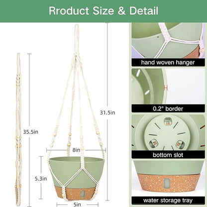 QCQHDU 2 Pack Hanging Planters for Indoor Plants, Outdoor Hanging Baskets, Self Watering Pots with Drainage Holes & Removable Tray (Green, 8 inch, Macrame Hanger)