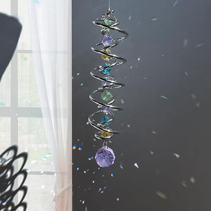 FONMY Gazing Ball Spiral Tail -Decorative Wind Spinner Sun Catcher Rainbow Maker Double-Spiral W/Purple Crystal Ball and Chain Crystals for Indoor Outdoor Garden Decoration -14 inch Height