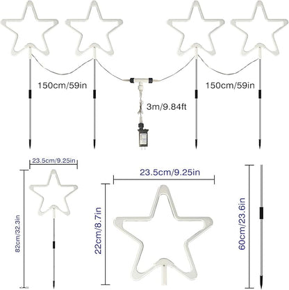 4th of July Decorations Red White and Blue Light, 4PCS Big LED Neon Star Pathway Lights Outdoor, Patriotic Garden Stake Lights with 8 Modes Waterproof for Independence Day Yard Lawn Decor