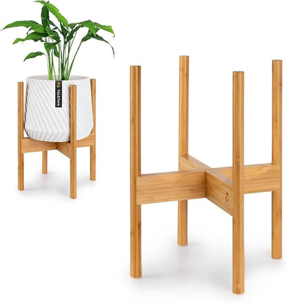Fox & Fern Bamboo Plant Stand — 10 Inch Fixed Size Mid Century Plant Stand for Indoor Planters; Raised Flower Pot Holder for Indoors; Plug In Design; Two Height Options; Easy to Assemble - Bamboo