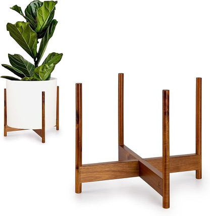 Fox & Fern Mid Century Plant Stand — 14.9 Inch Fixed Size Wooden Plant Stand for Indoor Planters; Extra Large Flower Pot Holder for Indoor Big Pots; Plug In Design; Two Height Options - Acacia