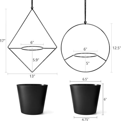 Mkono Boho Hanging Planter, Set of 2 Metal Plant Hanger with Plastic Pots, Modern Mid Century Flower Pot Plant Holder in Diamond and Circle Shape, Fits 6 Inch Planter (Pots Included), Black