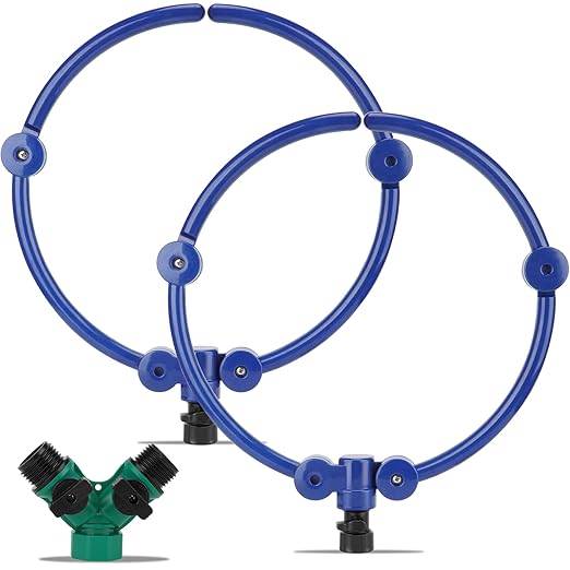 2Pcs 360° Tree Water System Tree Watering Ring 13 Inch Circle Sprinkler and Irrigation System Targeted Water with Y Hose Splitter for New Tree Outdoor Plants Raised Garden Beds Shrubs (Bule, Small)