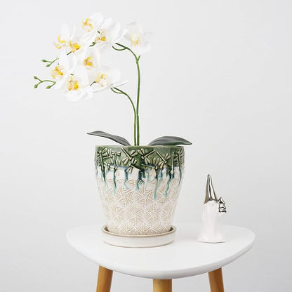 6 Inch Ceramic Planter Pots with Drainage Holes, Saucers and Mesh Pads for Indoor-Outdoor Plants, Succulent Orchid Flower Large Round Plant Pot, Set of 2 (Green+White)