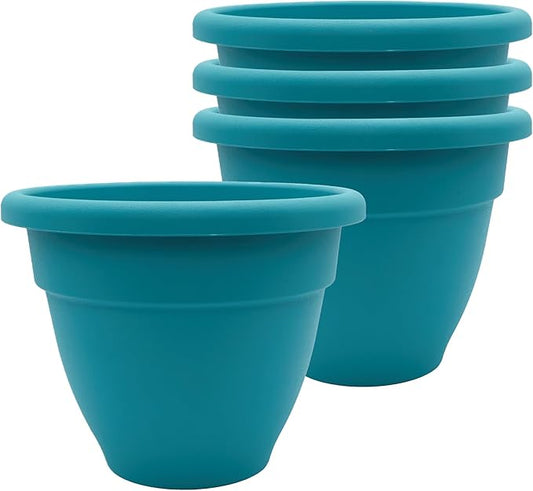 The HC Companies Caribbean Planter Pot - Outdoor & Indoor Plant Pot with Drainage Hole & Plug - Rolled Rim Plastic Pots for Plants & Flowers - Decorative Plant Pot (8" Dusty Teal, Pack of 4)