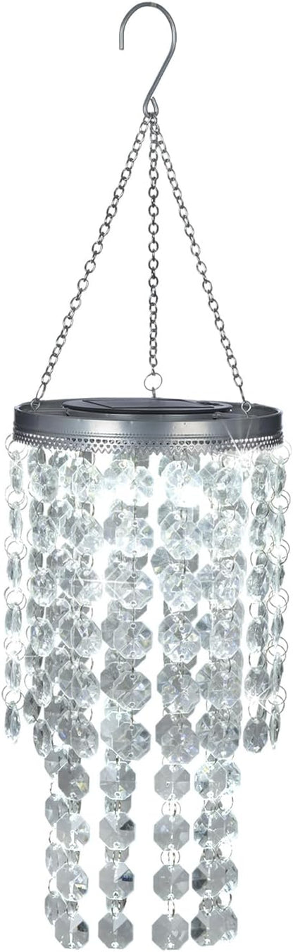Hanging Solar Crystal Chandelier Outdoor, 21” Modern Solar Transparent Acrylic Beaded Lantern with Cool White LED S Hooks for Garden Yard Patio Gazebo Outside Decor