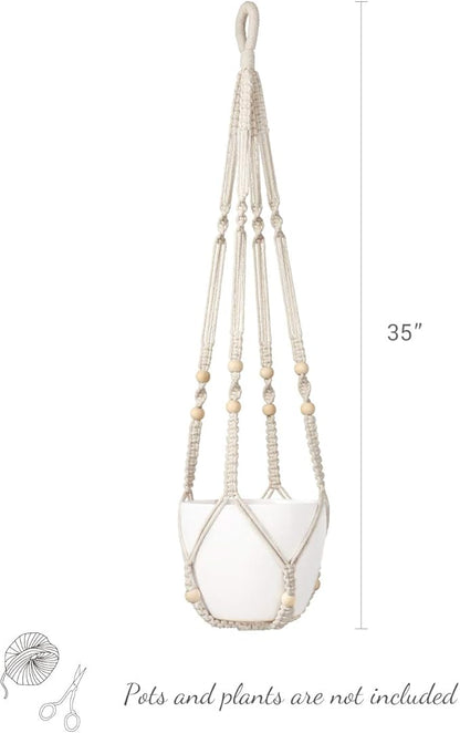 Mkono Macrame Plant Hanger Indoor Hanging Planter Basket with Wood Beads Decorative Flower Pot Holder No Tassels for Indoor Outdoor Boho Home Decor 35 Inch, Ivory, Set of 1 (POTS NOT Included)