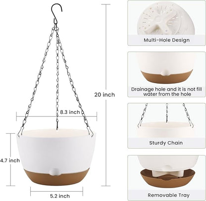 8.3 Inch Hanging Planter, 3 Pack Hanging Plastic Plant Self Watering Pot with Drainage Holes and Saucers, Hanging Baskets Flower Pots for Indoor Outdoor Garden Plants and Flowers-White