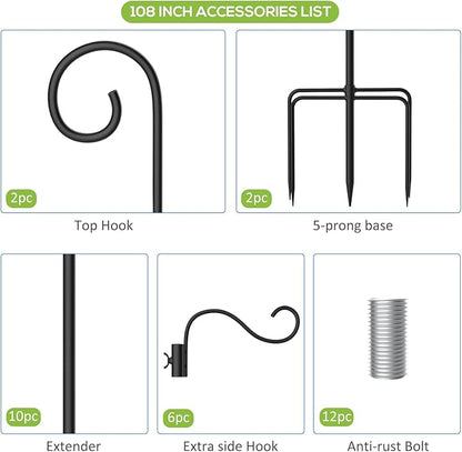 108 Inch Shepherds Hooks for Outdoor 2 Pack, Bird Feeder Poles with 4 Hooks, Shepherds Hook for Bird Feeders Outside with Base, Garden Pole for Hanging Plant Baskets, Weddings Decor (108 Inch)