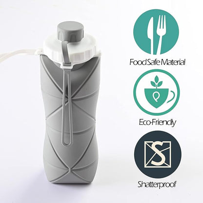 Collapsible Water Bottle, Silicone Foldable Water Bottles For Travel, Easy-To-Carry Design And Compact Size, BPA Free, 20 oz (Grey)