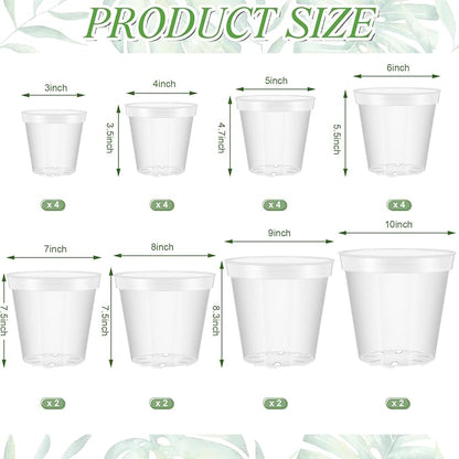Vesici Large Size Clear Nursery Pots Variety Pack Plant Pots with Drainage Holes Planters for Indoor Plants Flexible Transparent Plastic Plant Bottle Succulents(24 Pcs,3/4/5/6/7/8/9/10 Inch)