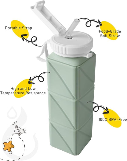 Opard Collapsible Water Bottles 21 Oz - BPA Free, Leak Proof, Foldable Silicone Collapse Water Bottle with Straw, Easy to Compact and Expandable, Travel Essentials Accessories