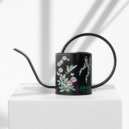 Watering Can for Indoor House Plants - Cute Decorative Metal Gardening Small Water Can for Houseplants & Flowers with Long Spout - 1.5L 51floz 0.4 Gallon (Hummingbird Black)