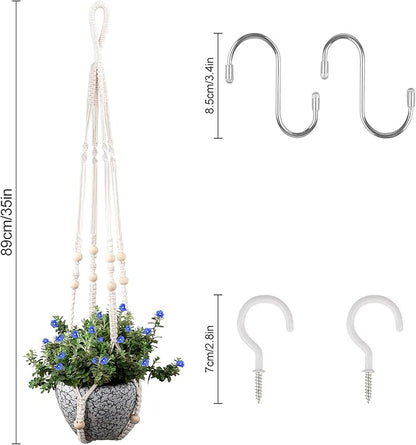 Macrame Plant Hanger for 5 to 10 Inch Plant Pots, Set of 2 Indoor Handmade 35 Inch Woven Rope Hanger Kits with Hooks and Wood Beads, Hanging Planter Basket Holder for Boho Home Decor (White, 2 Pack)