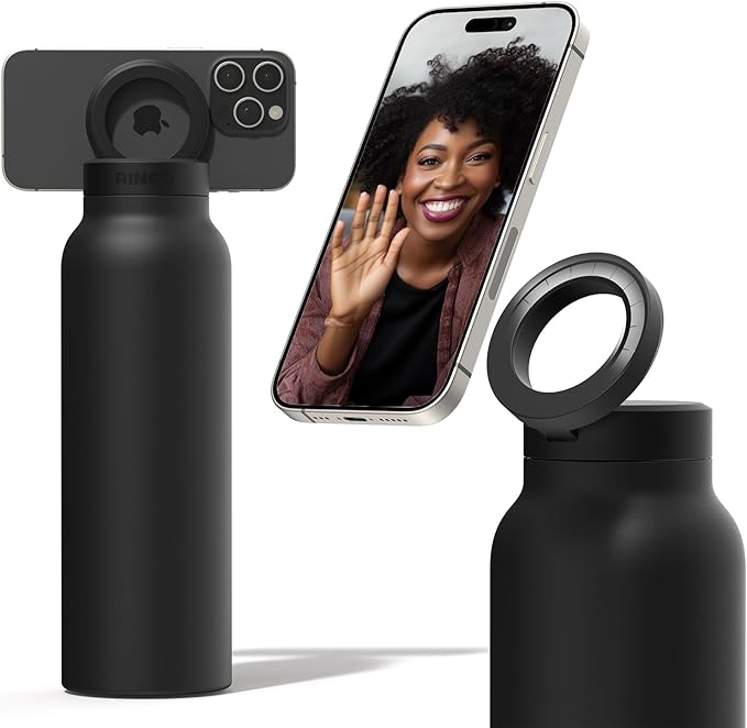 Ringo Insulated Water Bottle - Compatible MagSafe Water Bottle w/Phone Holder - Stainless Steel School Water Bottle w/Magnetic Phone Mount for Kids & Adult-Hot 12H, Cold 24H 360° Rotate - Black 24oz