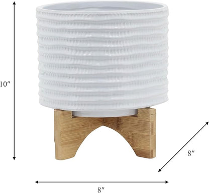 8" Ceramic Planter Stand, White with Wooden Base, Indoor/Outdoor Planter with Stand for Your Succulents and Small Plants, White Planter