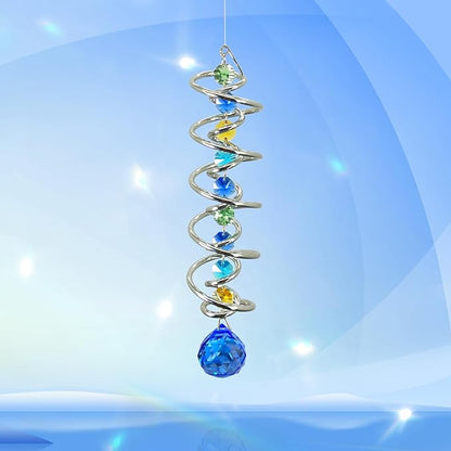 FONMY Gazing Ball Spiral Tail -Decorative Wind Spinner Sun Catcher Rainbow Maker Double-Spiral W/Sea Blue Crystal Ball and Chain Crystals for Indoor Outdoor Garden Decoration -14 inch Height