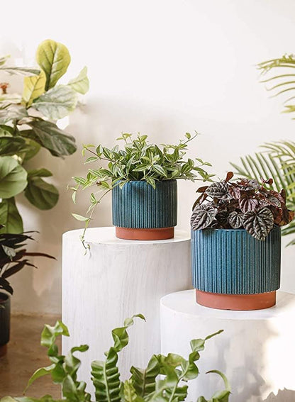 LE TAUCI Ceramic Plant Pots with Drainage Holes, Set of 3, 8+6.7+5.5 Inch Stripe Garden Planter Pots for Outdoor Indoor Plants Flower, Round Succulent Orchid Flower Pot Small to Large Size, Blue
