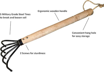 Garden Guru Hand Rake Cultivator Claw Soil Tiller - Military Grade Steel - Rust Resistant - 5 Tine Japanese Ninja Claw - Comfortable Wood Handle - Perfect Pulverized and Aerated Soil (2 Pack)