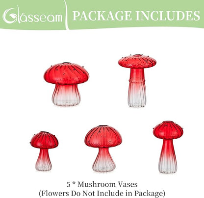 Glasseam Mushroom Plant Propagation Stations: Red Glass Terrarium Jar Set of 5 Cute Planters for Indoor Plants Decorative Propagate Station Unique Christmas Birthday Gifts for Women Home Office Decor