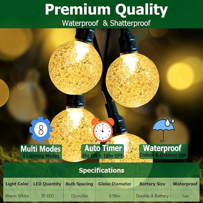 Battery Operated Globe String Lights - Indoor Outdoor String Lights Crystal Globe Lights 8 Modes 30 LED Patio Lights with Timer for Garden Balcony Pergola Party Decor, Warm White, 2 Pack