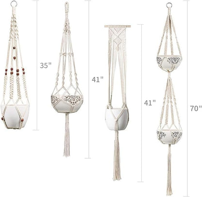 Mkono Macrame Plant Hangers Set of 4 Indoor Hanging Planter Basket Wall Decorative Flower Pot Holder with 4 Hooks for Indoor Outdoor Home Decor Gift Box, Ivory