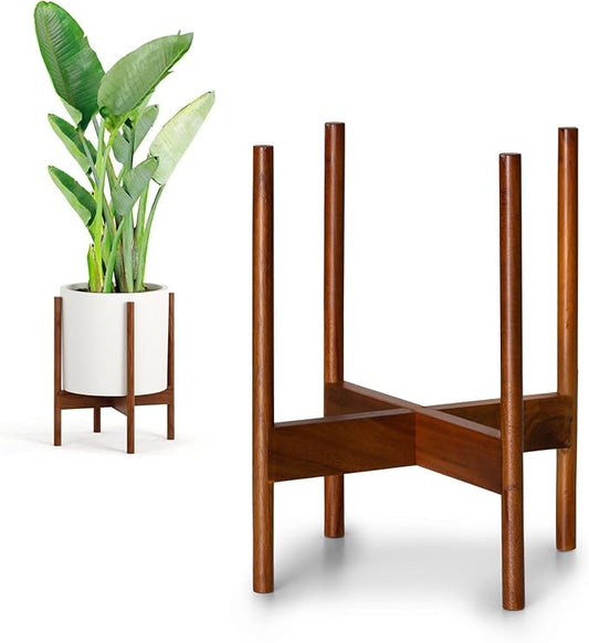 Fox & Fern Mid Century Plant Stand — 11.8 Inch Fixed Size Wooden Plant Stand for Indoor Planters; Raised Large Flower Pot Holder for Indoor Big Pots; Plug In Design; Two Height Options - Acacia