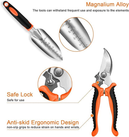 Garden Tool Set with Non Slip Rubber Grip,8 Piece Stainless Steel Gardening Tool Sets,Heavy Duty Outdoor Hand Tools Durable Storage Tote Bag,Uprooting Weeding Tool, Gifts for Women Men(Orange)