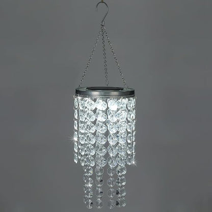 Hanging Solar Lantern Outdoor, 2 Tiers 21” Solar Transparent Acrylic Beaded Chandelier with Cool White LED S Hooks for Garden Yard Patio Gazebo Outside Decor