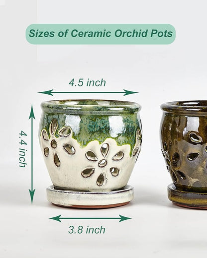 Vensovo 4 Inch Ceramic Orchid Pots with Holes and Saucers - 2 Pcs Small Succulent Pot for Repotting, Garden Flowerpots for Plants Indoor and Outdoor Promotes Air Circulation (Olive Green, Green Mixed)