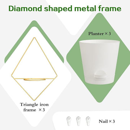 3 Sets of Wall Planters for Indoor Plants, Hanging Wall Planter with Gold Metal Holder, Geometric Self Watering Wall Flower Pots, Wall Mounted Succulent Planter, 5" White Plant Pot