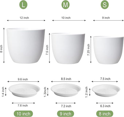12/10/9 Large Modern Plant Pots, Plastic Planters with Drainage Holes and Saucers for Indoor Outdoor Plants Flowers, White
