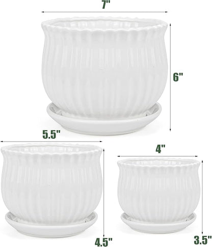 Yesland Ceramic Flower Plant Pots with Saucer, Set of 3 in Different Sizes, Modern Round Ceramic Succulent Planter Pots with White Stripe Texture for Garden
