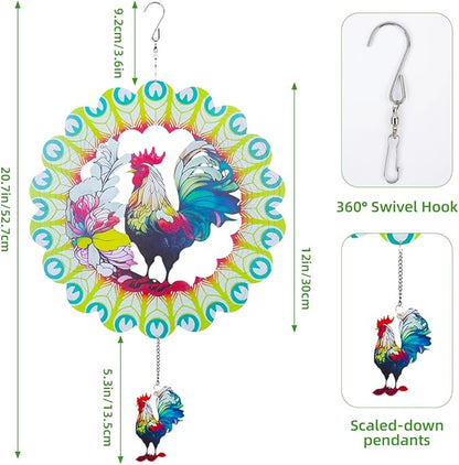 Wind Spinners Outdoor, FACIACC Rooster Metal 3D Hanging Garden Decor, 12-inch Stainless Steel Wind Spinner with Tail Spinner, Wind Sculptures for Indoor Patio Lawn Yard, Ornament Gift for Women/Men