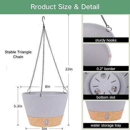 QCQHDU 2 Pack 8 inch Hanging Planters for Indoor Plants, Outdoor Hanging Baskets, Self Watering Pots with Drainage Holes & Removable Tray (Light Grey, 8 inch)
